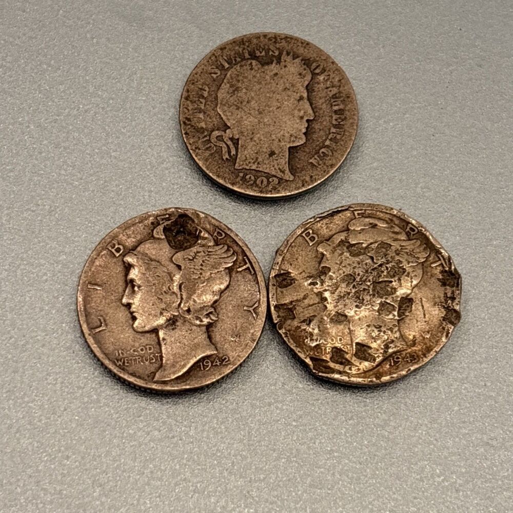 Lot of 3 Barber (1) 1902 and Mercury (2) Silver Dimes 1942-D And 1943-D Damaged